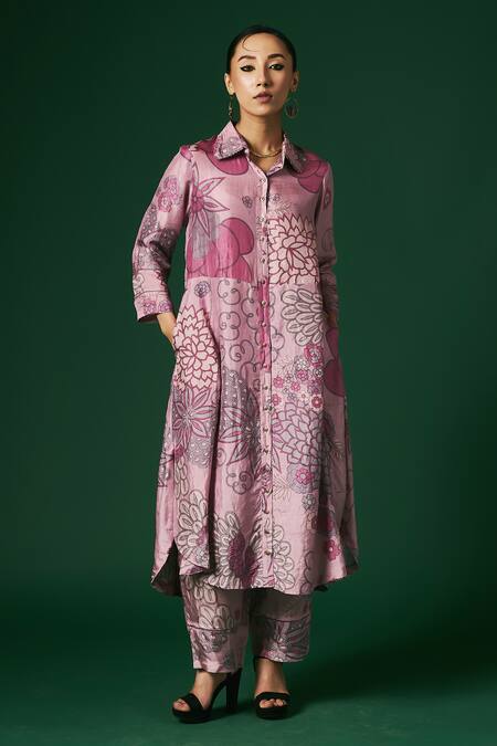 Arte-Alter_Purple Handloom Cotton, Silk Cosmos Floral Hand Print Kurta And Pant Set _Online_at_Aza_Fashions