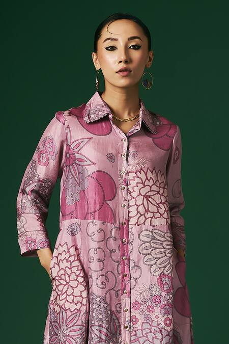 Buy_Arte-Alter_Purple Handloom Cotton, Silk Cosmos Floral Hand Print Kurta And Pant Set _Online_at_Aza_Fashions