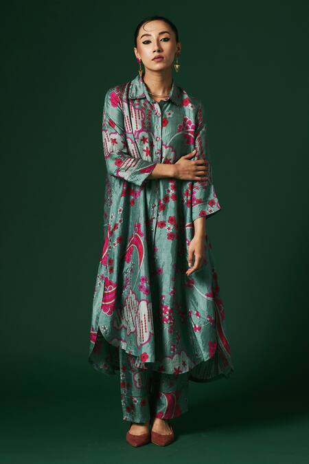 Buy_Arte-Alter_Green Silk Collared Hazel Printed Kurta And Pant Set _Online_at_Aza_Fashions