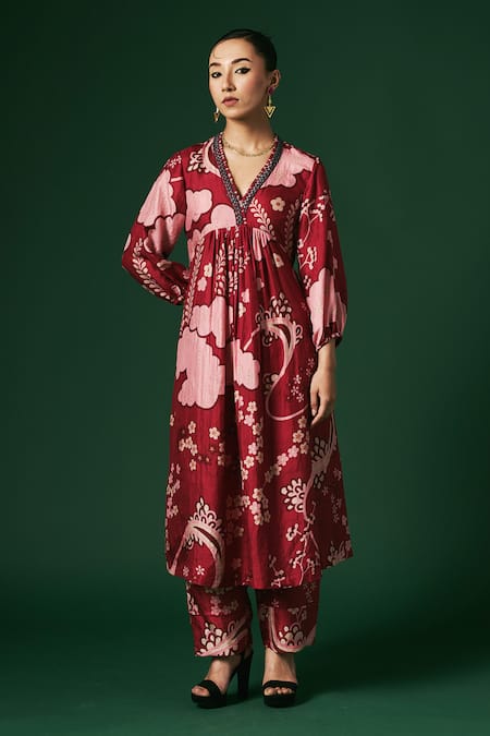 Arte-Alter Maroon Handwoven Mulberry Silk Hand Printed Camelia Kurta And Pant Set  