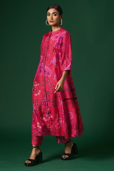 Arte-Alter_Pink Silk Embroidery Bandeau Neck Petunia Printed Kurta And Pant Set _Online_at_Aza_Fashions