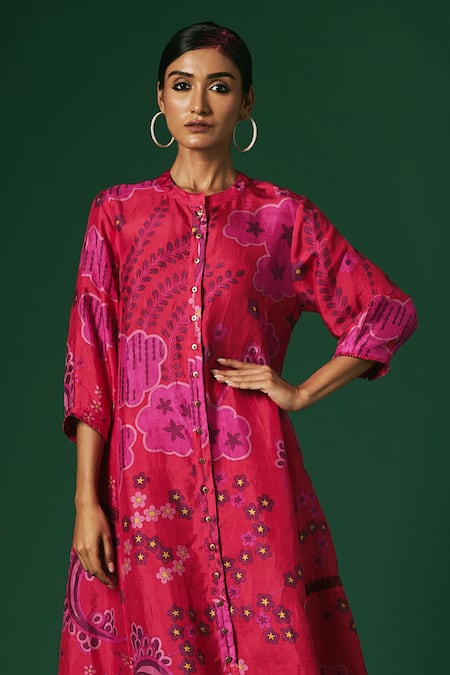 Buy_Arte-Alter_Pink Silk Embroidery Bandeau Neck Petunia Printed Kurta And Pant Set _Online_at_Aza_Fashions