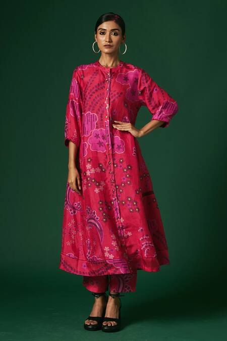 Shop_Arte-Alter_Pink Silk Embroidery Bandeau Neck Petunia Printed Kurta And Pant Set _Online_at_Aza_Fashions