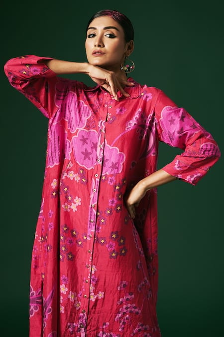 Buy_Arte-Alter_Pink Handloom Cotton, Silk Embroidery Collared Dahlia Printed Kurta And Pant Set 
