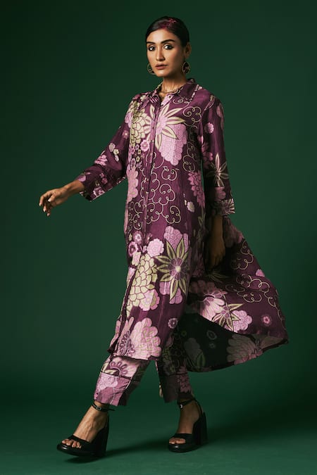 Buy_Arte-Alter_Purple Silk Embroidery Collared Scilla Printed Kurta And Pant Set _Online_at_Aza_Fashions