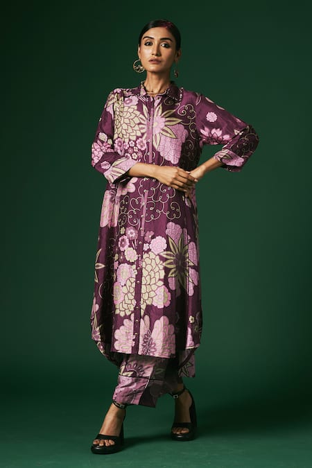 Shop_Arte-Alter_Purple Silk Embroidery Collared Scilla Printed Kurta And Pant Set _Online_at_Aza_Fashions