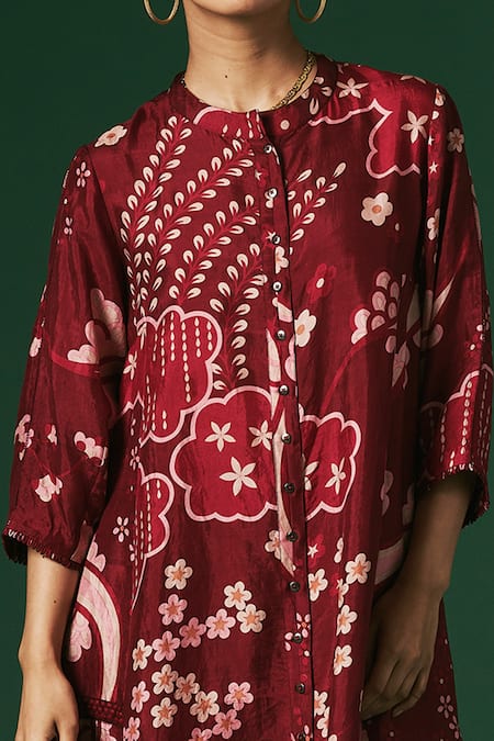 Buy Arte-Alter Maroon Silk, Handloom Cotton Embroidery Hibiscus Printed Kurta And Pant Set Online at Aza Fashions Buy_Arte-Alter_Maroon Silk, Handloom Cotton Embroidery Hibiscus Printed Kurta And Pant Set _Online_at_Aza_Fashions