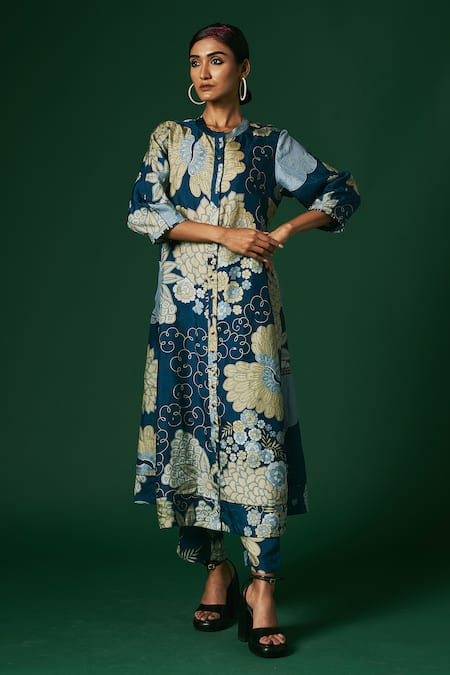 Arte-Alter_Blue Silk Embroidery Ixora Printed Kurta And Pant Set _Online_at_Aza_Fashions