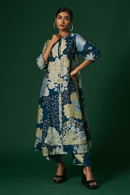 Buy_Arte-Alter_Blue Silk Embroidery Ixora Printed Kurta And Pant Set _Online_at_Aza_Fashions