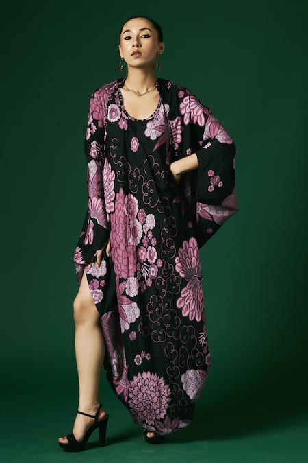 Arte-Alter_Black Embroidery Round Neck Zinnia Printed Cape And Dress Set _Online_at_Aza_Fashions