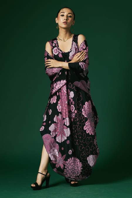 Buy_Arte-Alter_Black Embroidery Round Neck Zinnia Printed Cape And Dress Set _Online_at_Aza_Fashions
