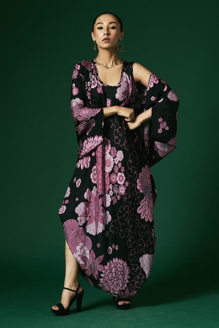 Shop_Arte-Alter_Black Embroidery Round Neck Zinnia Printed Cape And Dress Set _Online_at_Aza_Fashions