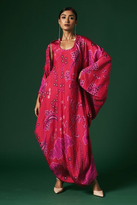 Arte-Alter_Pink Silk Embroidery Round Neck Clematis Printed Cape And Dress Set _Online_at_Aza_Fashions