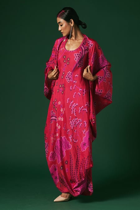 Buy_Arte-Alter_Pink Silk Embroidery Round Neck Clematis Printed Cape And Dress Set _Online_at_Aza_Fashions