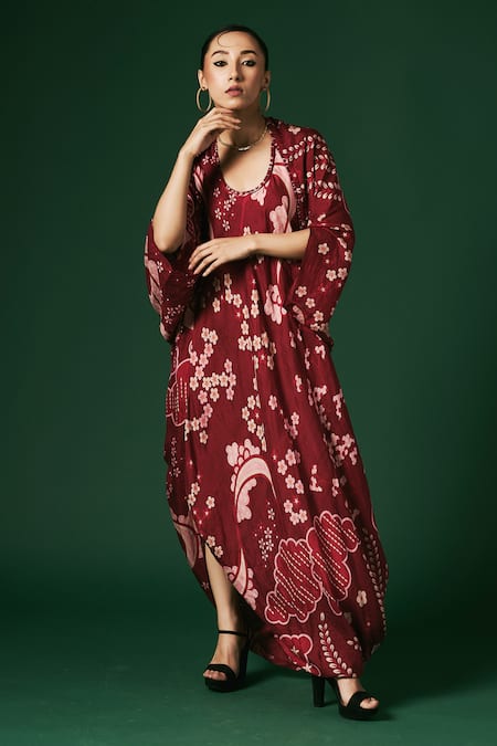 Buy_Arte-Alter_Maroon Silk Embroidery Calendula Printed Cape And Dress Set _Online_at_Aza_Fashions