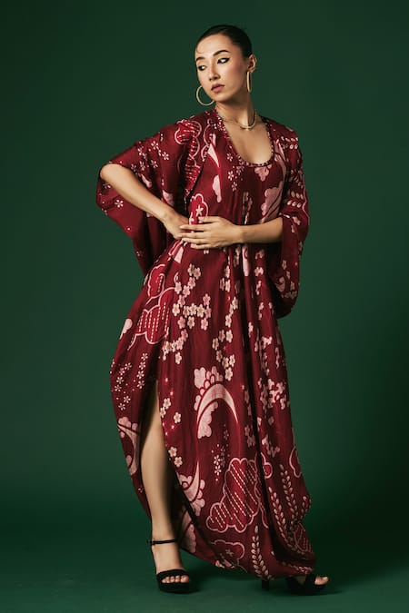 Shop_Arte-Alter_Maroon Silk Embroidery Calendula Printed Cape And Dress Set _Online_at_Aza_Fashions