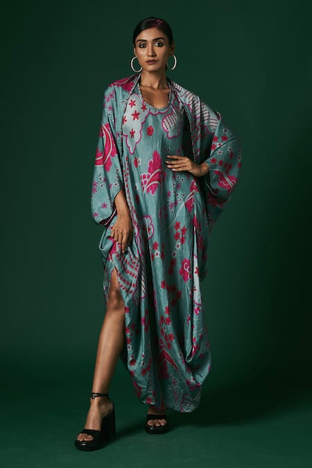 Arte-Alter_Green Silk Round Neck Viola Printed Cape And Dress Set _Online_at_Aza_Fashions