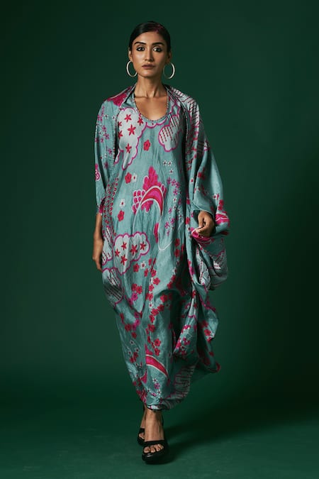 Buy_Arte-Alter_Green Silk Round Neck Viola Printed Cape And Dress Set _Online_at_Aza_Fashions