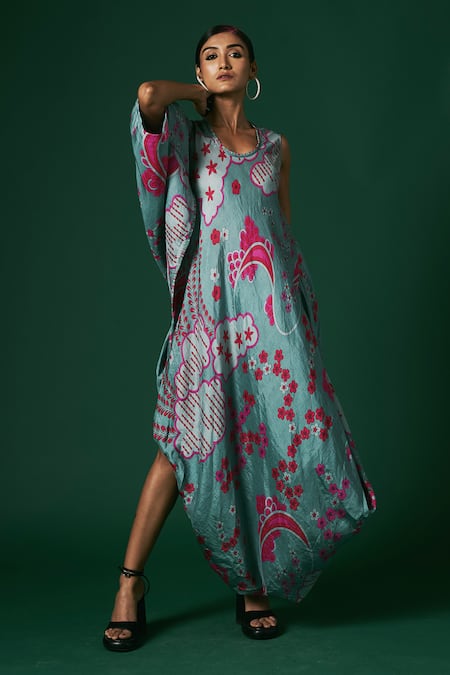 Shop_Arte-Alter_Green Silk Round Neck Viola Printed Cape And Dress Set _Online_at_Aza_Fashions