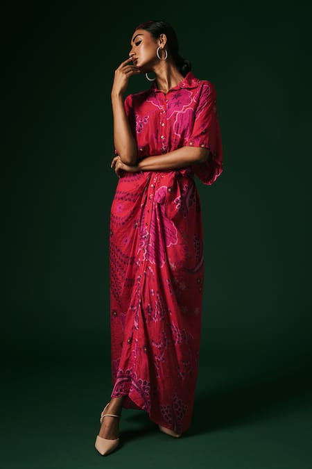 Arte-Alter_Pink Silk Collared Hydrangea Printed Draped Dress _Online_at_Aza_Fashions
