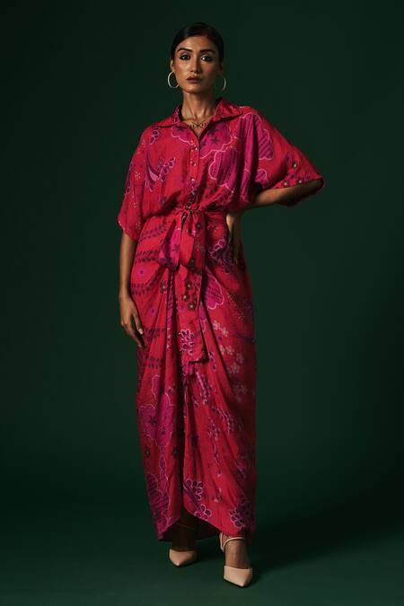 Buy_Arte-Alter_Pink Silk Collared Hydrangea Printed Draped Dress _Online_at_Aza_Fashions