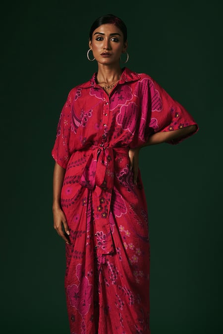 Shop_Arte-Alter_Pink Silk Collared Hydrangea Printed Draped Dress _Online_at_Aza_Fashions