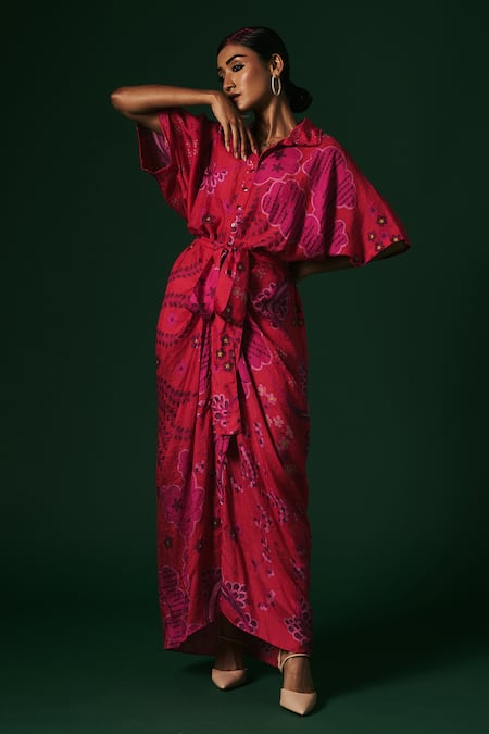 Arte-Alter_Pink Silk Collared Hydrangea Printed Draped Dress _at_Aza_Fashions