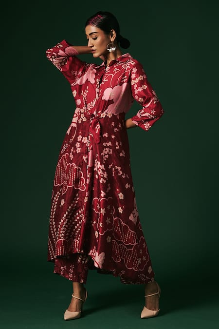 Shop_Arte-Alter_Maroon Silk Embroidery Collared Hazel Printed Panelled Kurta And Pant Set _Online_at_Aza_Fashions