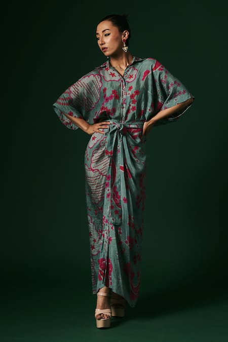 Arte-Alter_Green Silk Embroidery Collared Daphne Printed Draped Dress _Online_at_Aza_Fashions