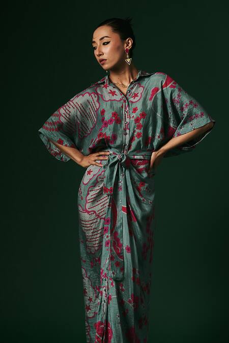 Buy_Arte-Alter_Green Silk Embroidery Collared Daphne Printed Draped Dress _Online_at_Aza_Fashions