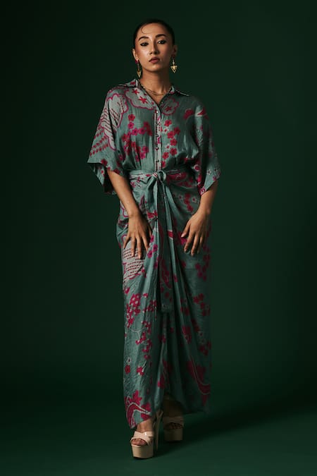Shop_Arte-Alter_Green Silk Embroidery Collared Daphne Printed Draped Dress _Online_at_Aza_Fashions