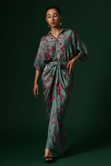 Arte-Alter_Green Silk Embroidery Collared Daphne Printed Draped Dress _at_Aza_Fashions