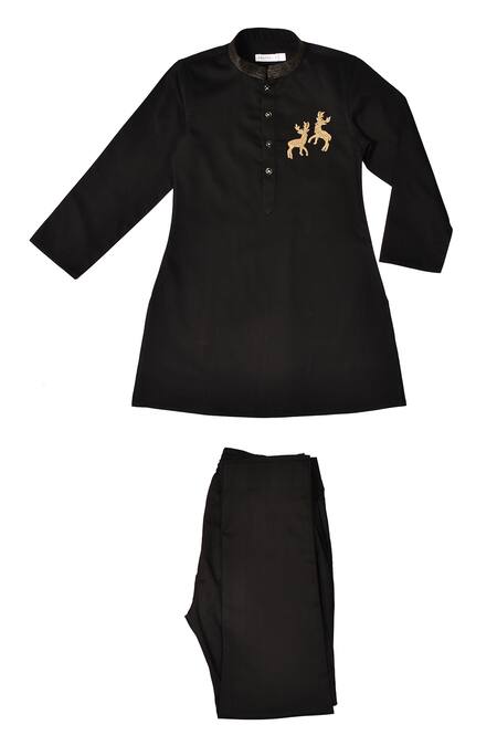 Buy_Partykles_Black Cotton, Silk Embroidery Thread Kurta Set _Online_at_Aza_Fashions