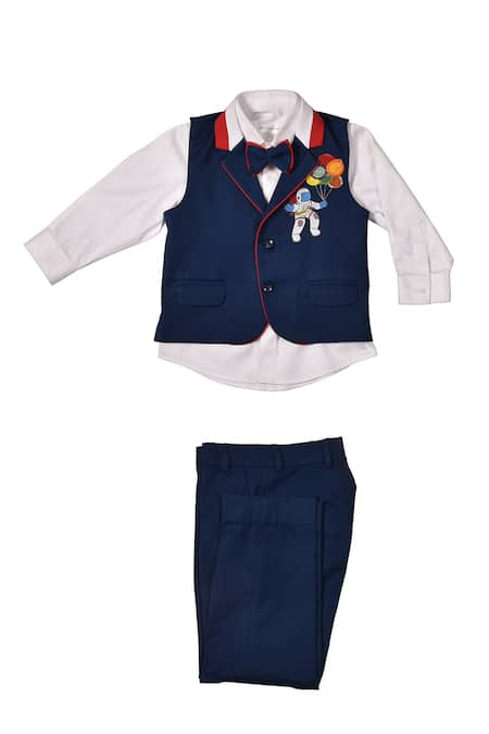 Partykles Navy Blue Placement Embroidered Waistcoat Set 