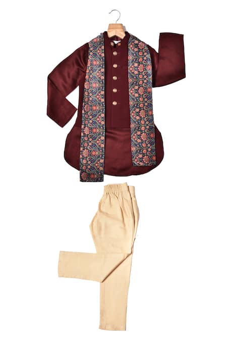 Shop Partykles Maroon Velvet, Terrycloth Embroidery Thread Work Bundi Kurta Set at Aza Fashions Shop_Partykles_Maroon Velvet, Terrycloth Embroidery Thread Work Bundi Kurta Set _at_Aza_Fashions