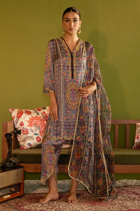 Sage Saga Blue Satin Silk Printed Floral V Neck Keerat Neel Kurta Set 