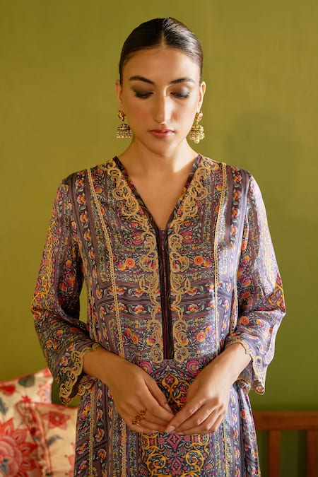 Sage Saga_Blue Satin, Silk, Organza Embroidery, Zari Keerat Neel Floral Print Kurta Set _Online_at_Aza_Fashions