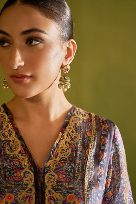 Buy_Sage Saga_Blue Satin, Silk, Organza Embroidery, Zari Keerat Neel Floral Print Kurta Set _Online_at_Aza_Fashions