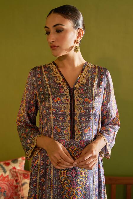 Shop_Sage Saga_Blue Satin, Silk, Organza Embroidery, Zari Keerat Neel Floral Print Kurta Set _Online_at_Aza_Fashions