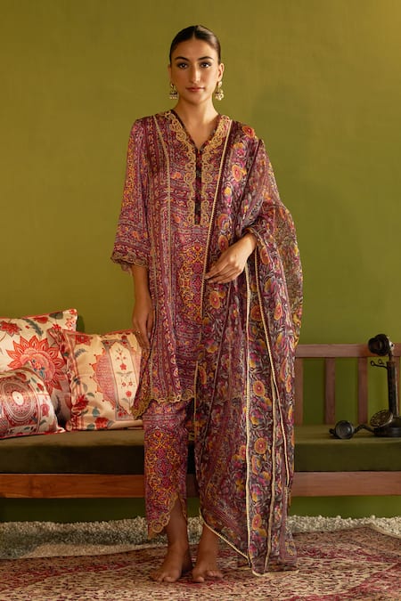 Sage Saga Pink Satin, Silk, Organza Embroidery, Keerat Gulab Floral Print Kurta And Pant Set 