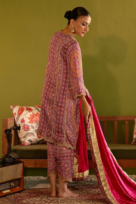 Shop Sage Saga Pink Satin, Silk, Organza Embroidery, Keerat Gulab Floral Print Kurta And Pant Set at Aza Fashions Shop_Sage Saga_Pink Satin, Silk, Organza Embroidery, Keerat Gulab Floral Print Kurta And Pant Set _at_Aza_Fashions