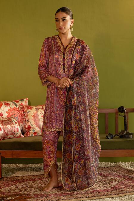 Sage Saga Pink Satin, Silk, Organza Embroidery, Keerat Gulab Floral Print Kurta And Pant Set at Aza Fashions Sage Saga_Pink Satin, Silk, Organza Embroidery, Keerat Gulab Floral Print Kurta And Pant Set _at_Aza_Fashions