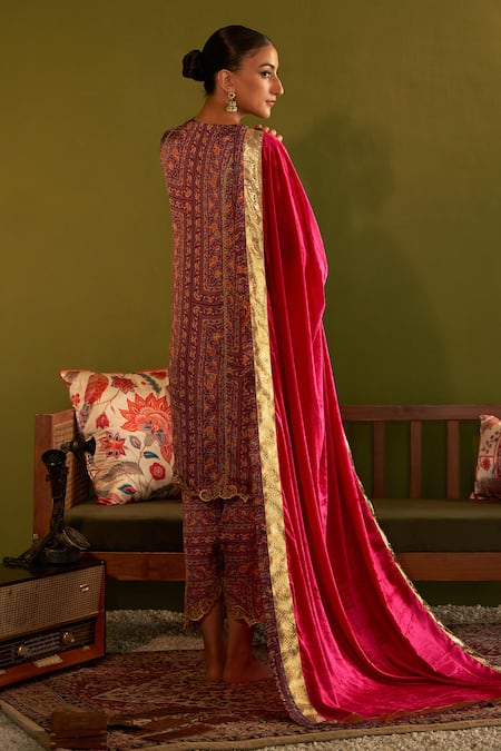 Shop_Sage Saga_Pink Satin, Silk, Velvet Embroidery, Zari Keerat Gulab Floral Print Kurta Set _at_Aza_Fashions