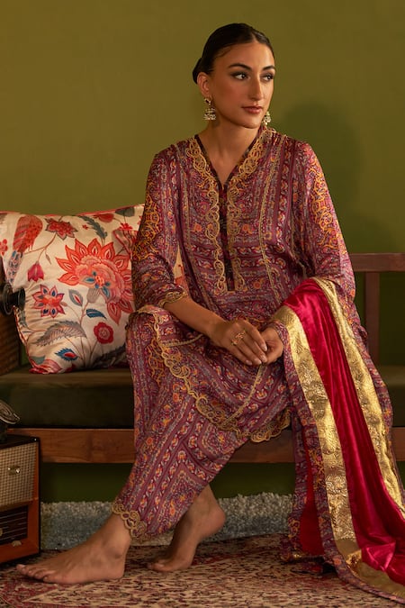 Shop_Sage Saga_Pink Satin, Silk, Velvet Embroidery, Zari Keerat Gulab Floral Print Kurta Set _Online_at_Aza_Fashions