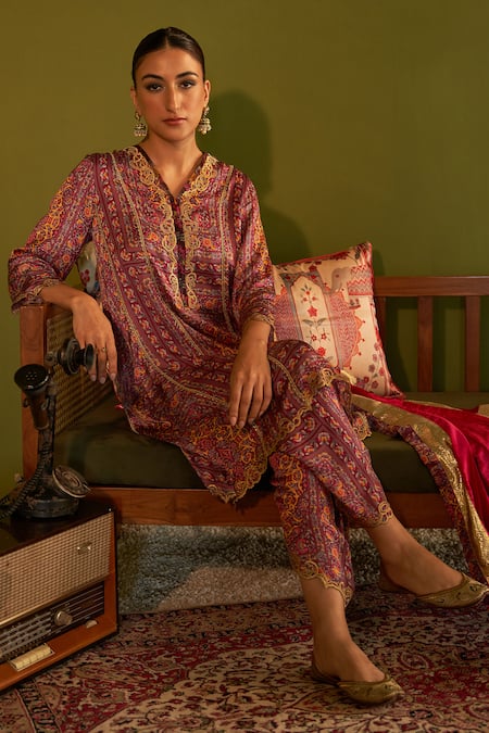 Sage Saga_Pink Satin, Silk, Velvet Embroidery, Zari Keerat Gulab Floral Print Kurta Set _at_Aza_Fashions