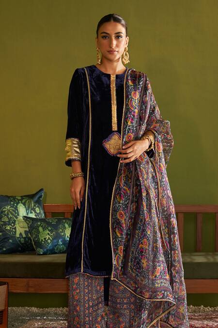 Sage Saga Blue Velvet, Satin, Organza, Ruhani Neel Floral Print Kurta Set With Dupatta Online at Aza Fashions Sage Saga_Blue Velvet, Satin, Organza, Ruhani Neel Floral Print Kurta Set With Dupatta _Online_at_Aza_Fashions