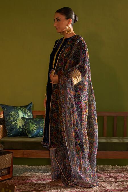 Shop Sage Saga Blue Velvet, Satin, Organza, Ruhani Neel Floral Print Kurta Set With Dupatta Online at Aza Fashions Shop_Sage Saga_Blue Velvet, Satin, Organza, Ruhani Neel Floral Print Kurta Set With Dupatta _Online_at_Aza_Fashions