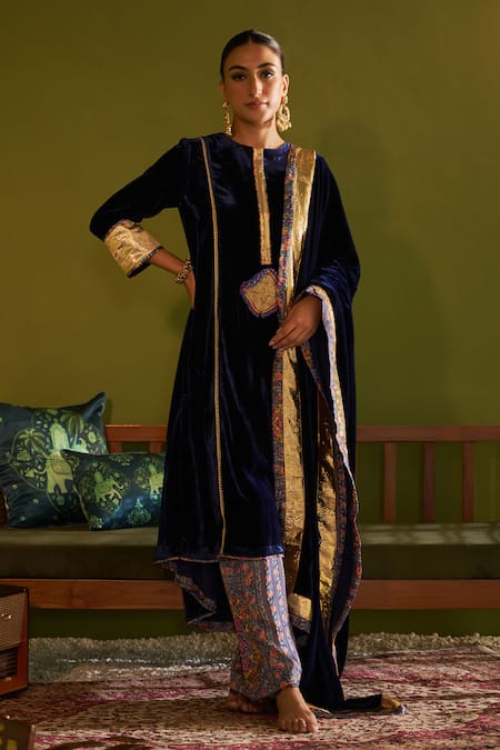 Buy Sage Saga Blue Velvet, Silk, Satin Gota Ruhani Neel Floral Print Kurta Set With Shawl Online at Aza Fashions Buy_Sage Saga_Blue Velvet, Silk, Satin Gota Ruhani Neel Floral Print Kurta Set With Shawl _Online_at_Aza_Fashions