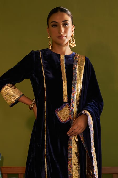 Shop Sage Saga Blue Velvet, Silk, Satin Gota Ruhani Neel Floral Print Kurta Set With Shawl Online at Aza Fashions Shop_Sage Saga_Blue Velvet, Silk, Satin Gota Ruhani Neel Floral Print Kurta Set With Shawl _Online_at_Aza_Fashions