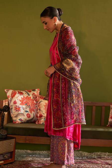 Shop Sage Saga Pink Velvet, Silk, Satin, Ruhani Gulab Floral Print Kurta Set With Dupatta Online at Aza Fashions Shop_Sage Saga_Pink Velvet, Silk, Satin, Ruhani Gulab Floral Print Kurta Set With Dupatta _Online_at_Aza_Fashions